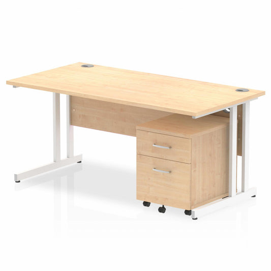 Impulse 1600x800mm Straight Desk, Maple Top with White Cantilever Legs inc 2 Drawer Mobile Pedestal