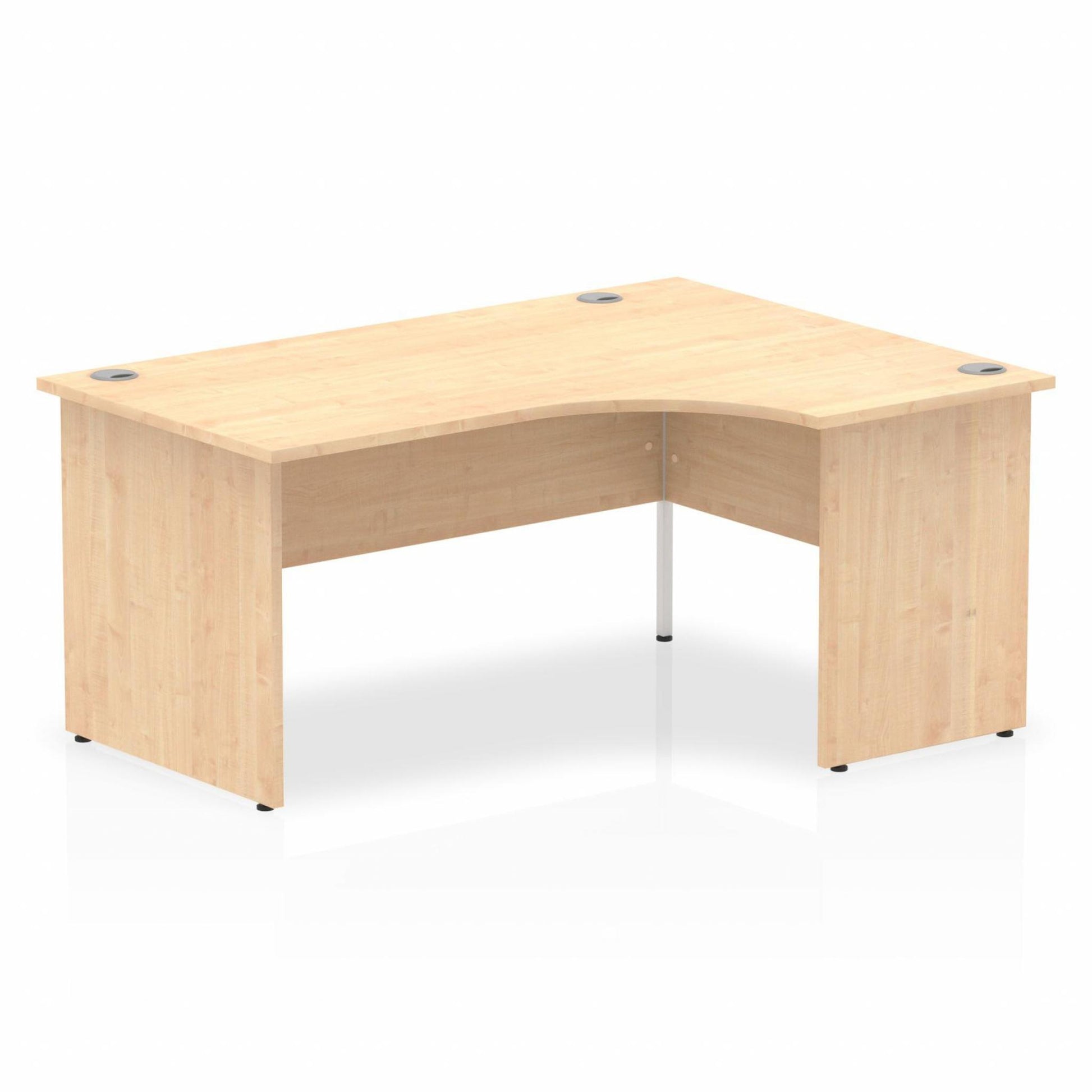 Maple L-shaped desk with drawers on a white background
