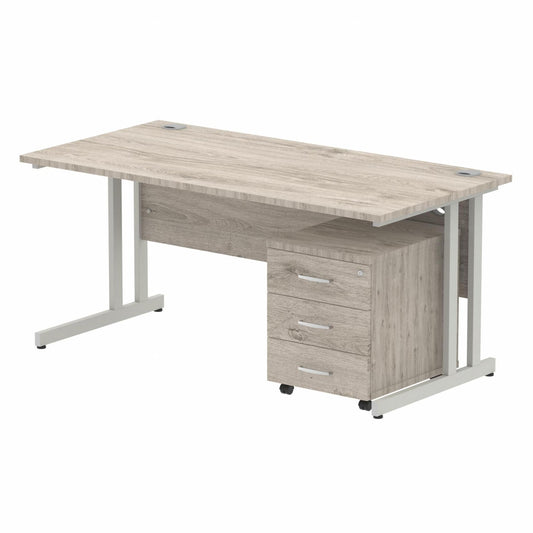 Impulse 1600mm Straight Desk Grey Oak Top Silver Cantilever Legs & 3 Drawer Pedestal