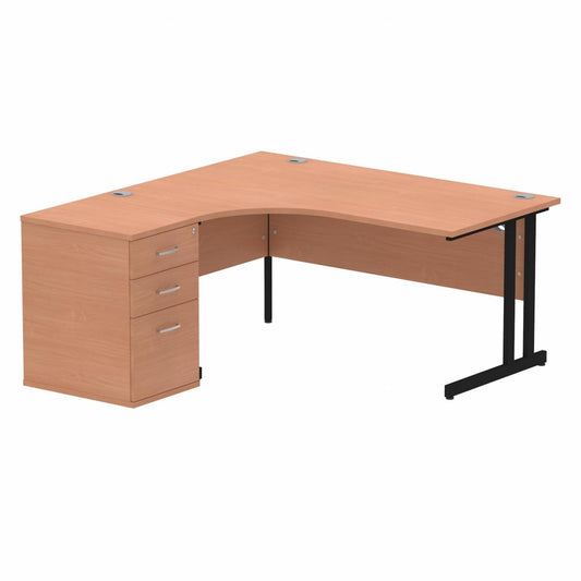 Impulse 1600mm Left Hand Curved Desk Beech, Black Cantilver Legs inc 3 Drawer Desk High Pedestal Ref I004398 OE