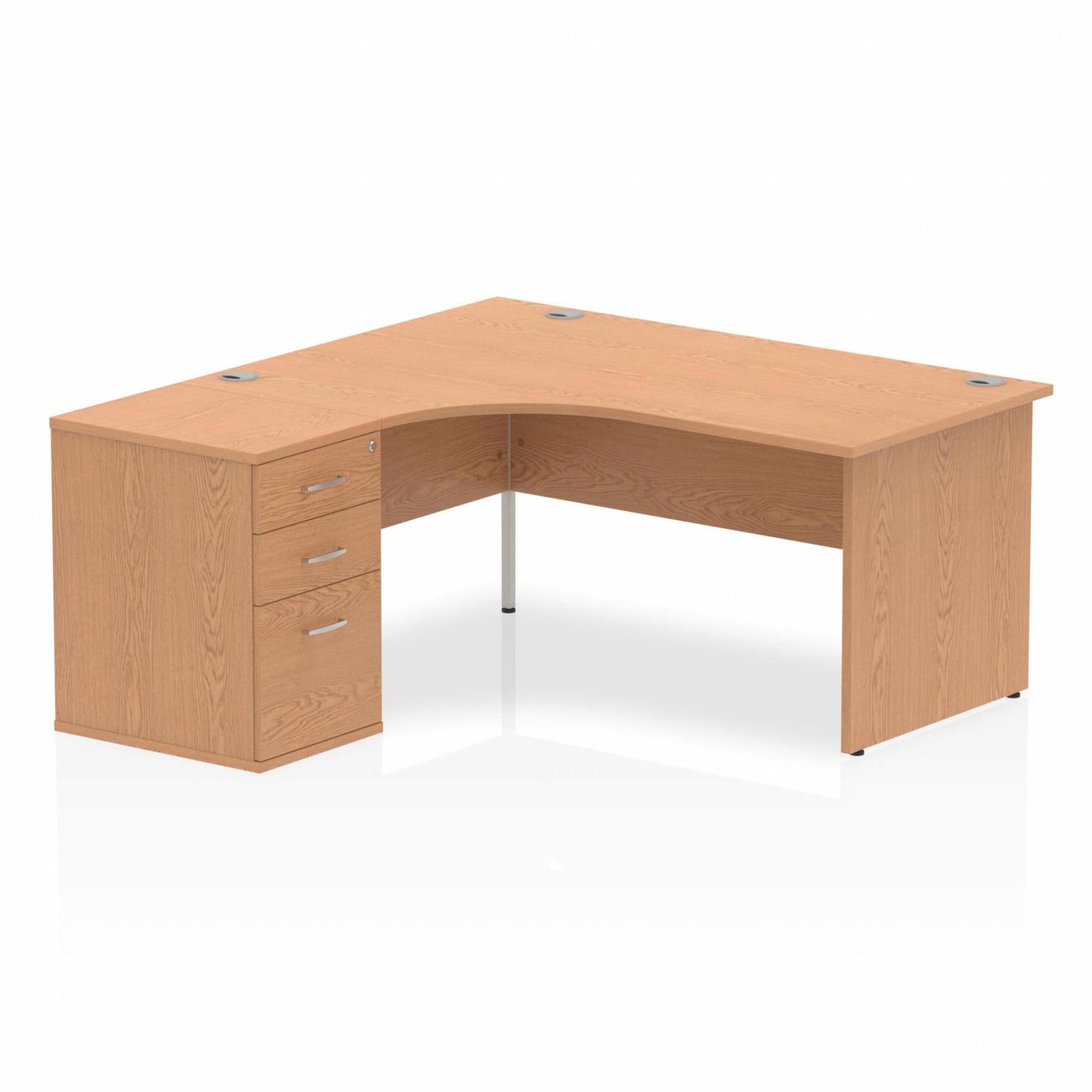Oak L-shaped desk with drawers on a white background