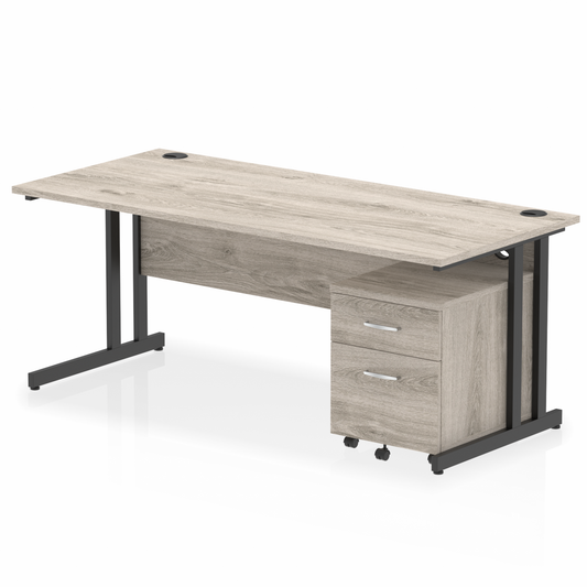 Impulse 1800mm Straight Desk Grey Oak Top Black Cantilever Legs & 2 Drawer Pedestal