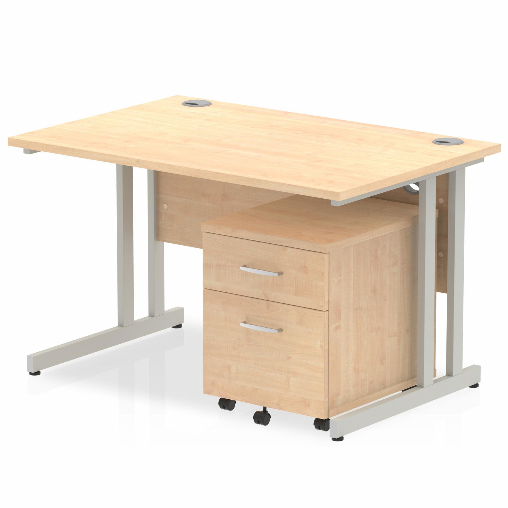Maple straight desk with drawers on a white background