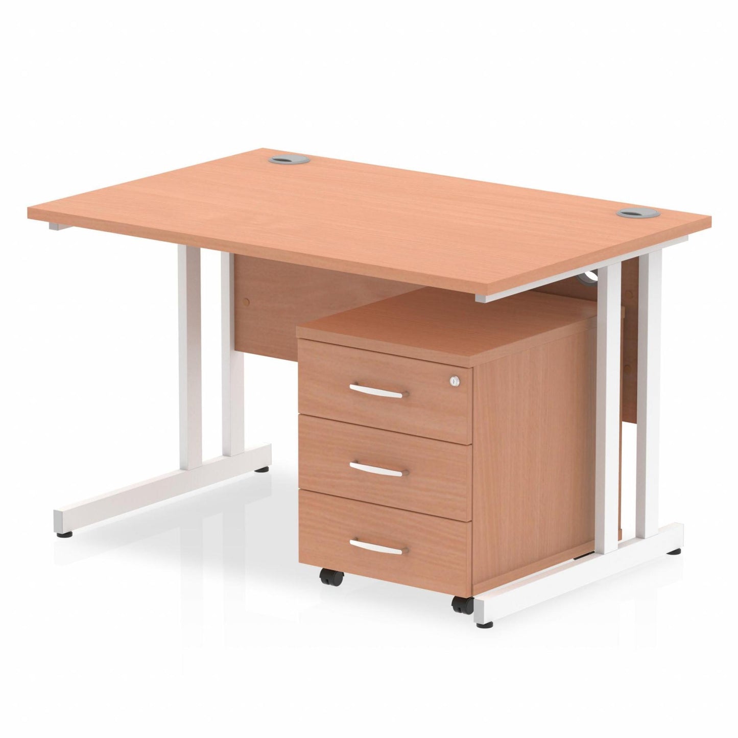 Beech straight desk with drawers on a white background