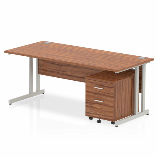 Impulse 1800mm Straight Desk Walnut Top Silver Cantilever Legs & 2 Drawer Pedestal