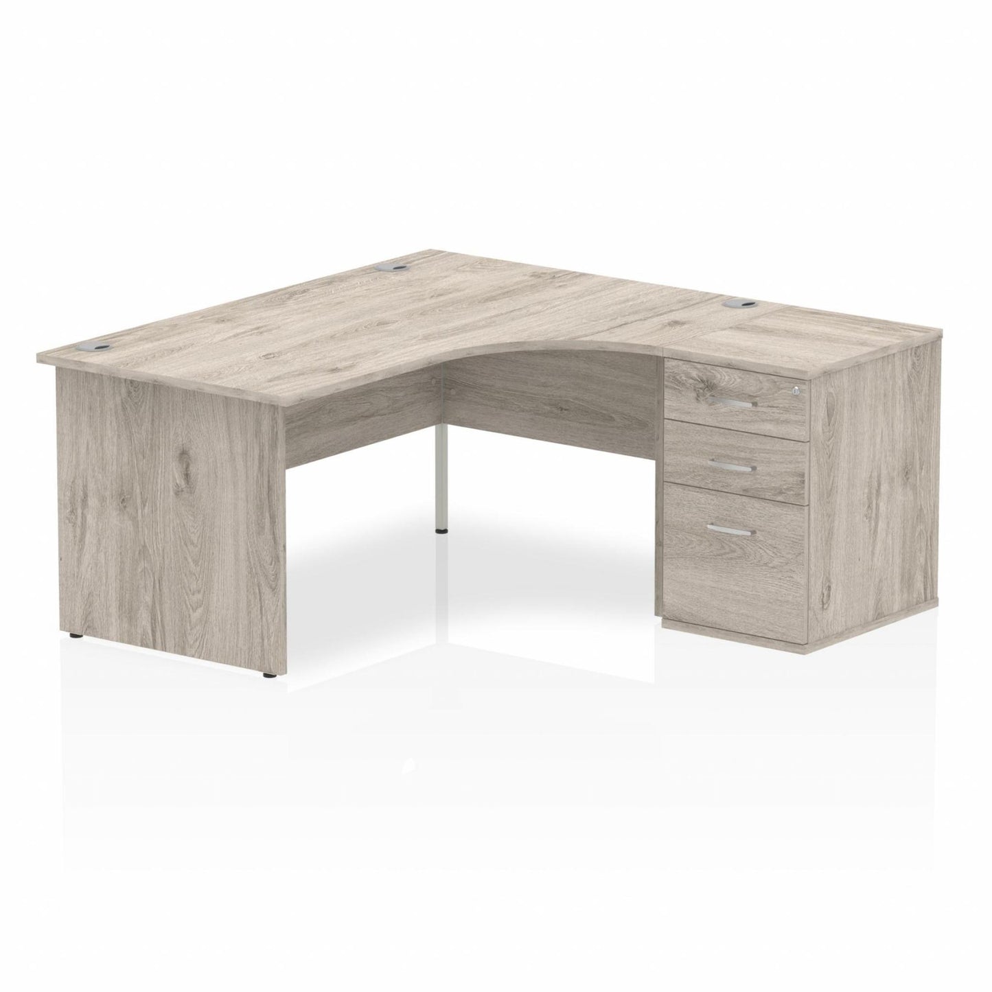 Grey oak L-shaped desk with drawers on a white background