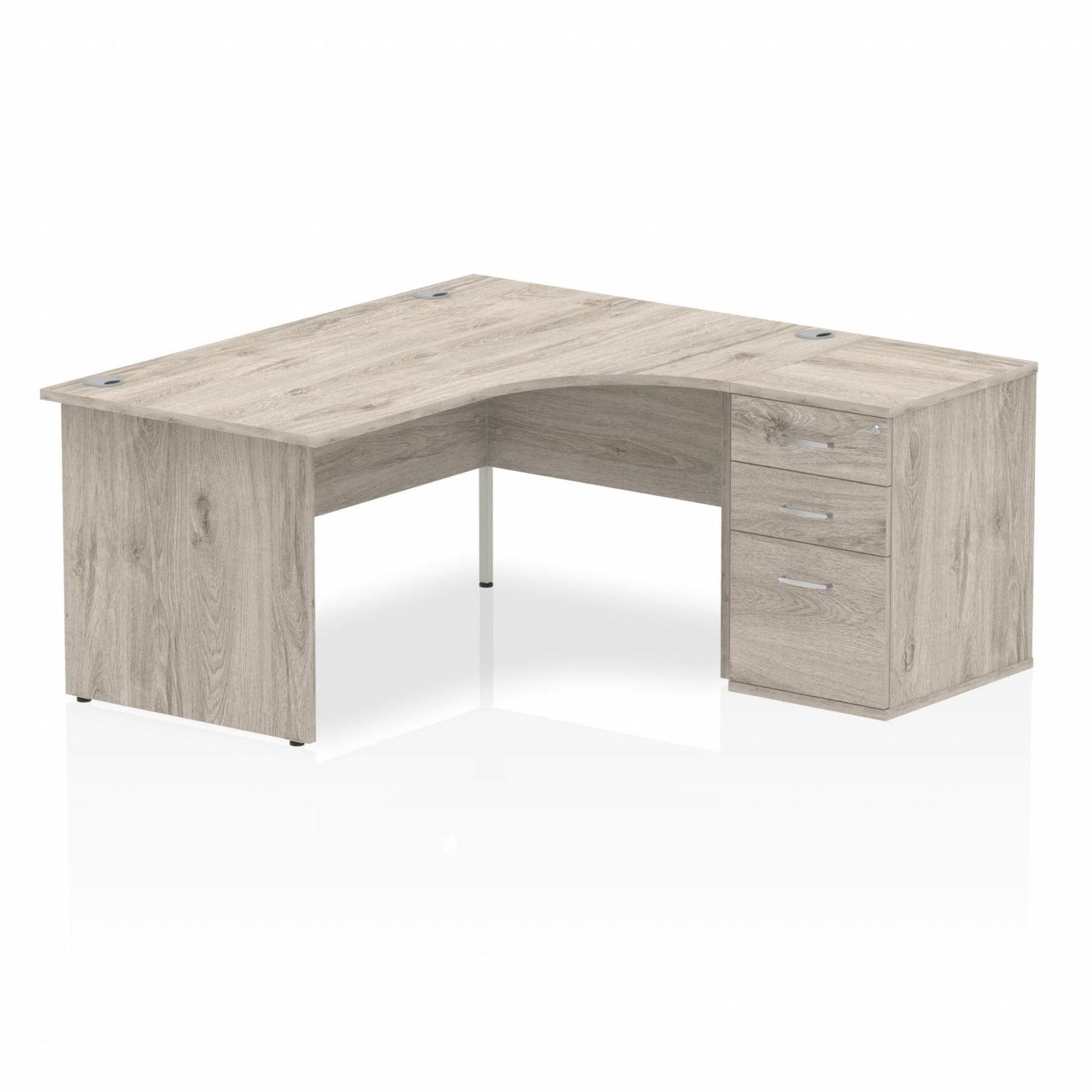 Grey oak L-shaped desk with drawers on a white background
