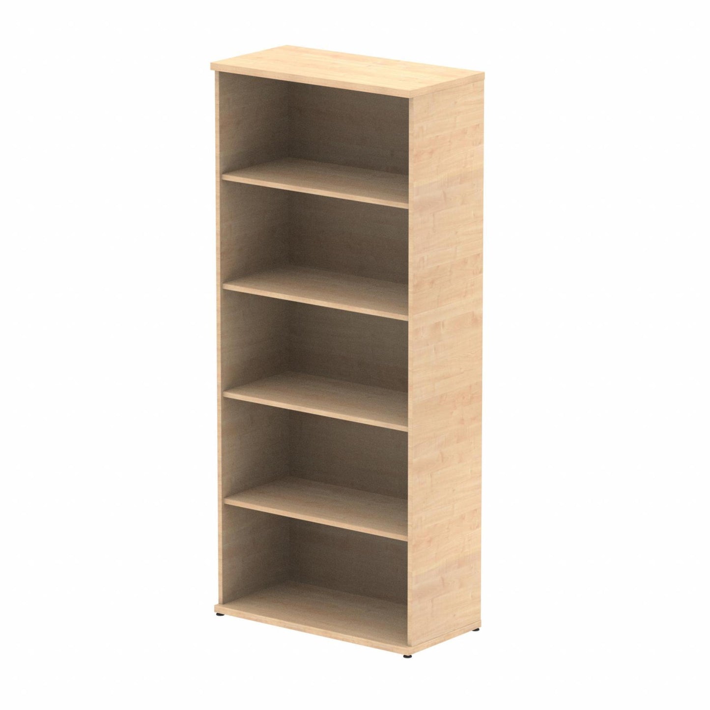 Wooden bookcase with four shelves on a white background