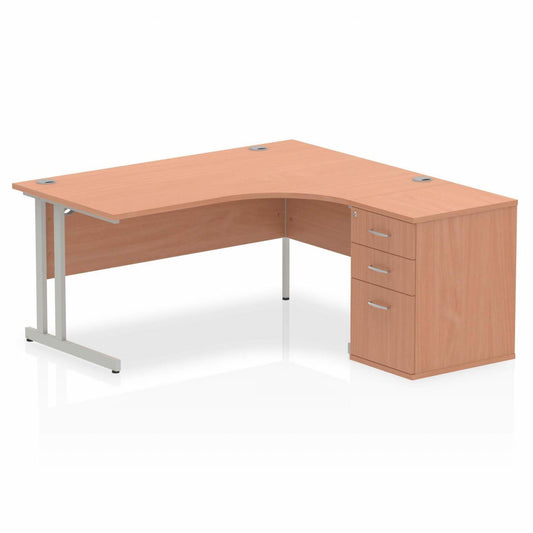 Impulse 1600mm Right Hand Curved Desk Beech Silver Cantilver Legs inc 3 Drawer Desk High Pedestal Ref I000549 OE