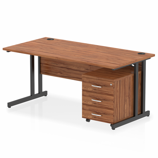 Impulse 1600mm Straight Desk Walnut Top Black Cantilever Legs & 3 Drawer Pedestal