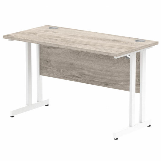 Impulse 1200x600mm Straight Desk, Grey Oak Top with White Cantilever Legs