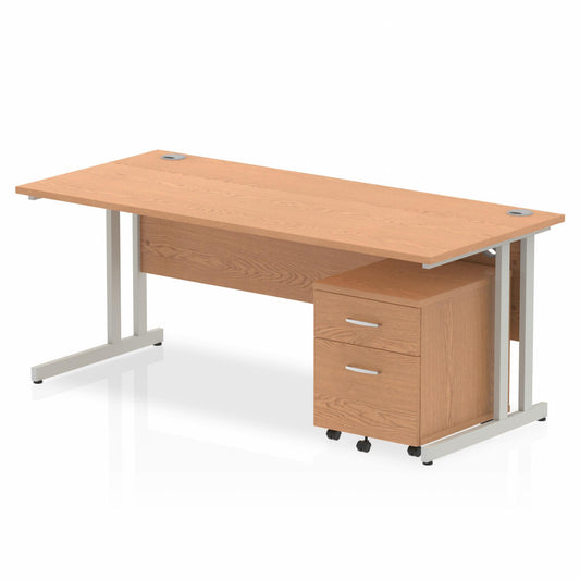 Impulse 1800mm Straight Desk Oak Top Silver Cantilever Legs & 2 Drawer Pedestal