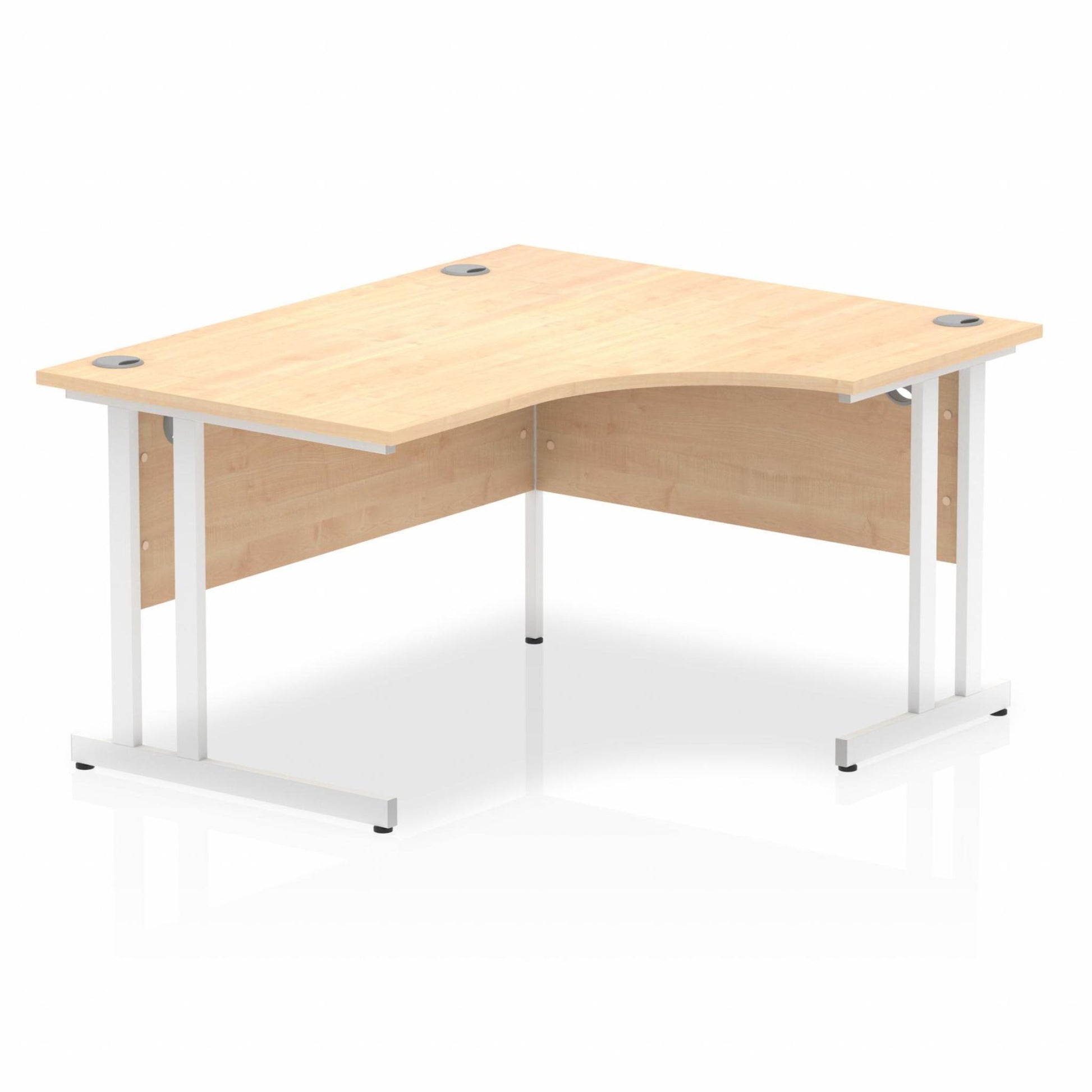 Maple L-shaped desk with drawers on a white background