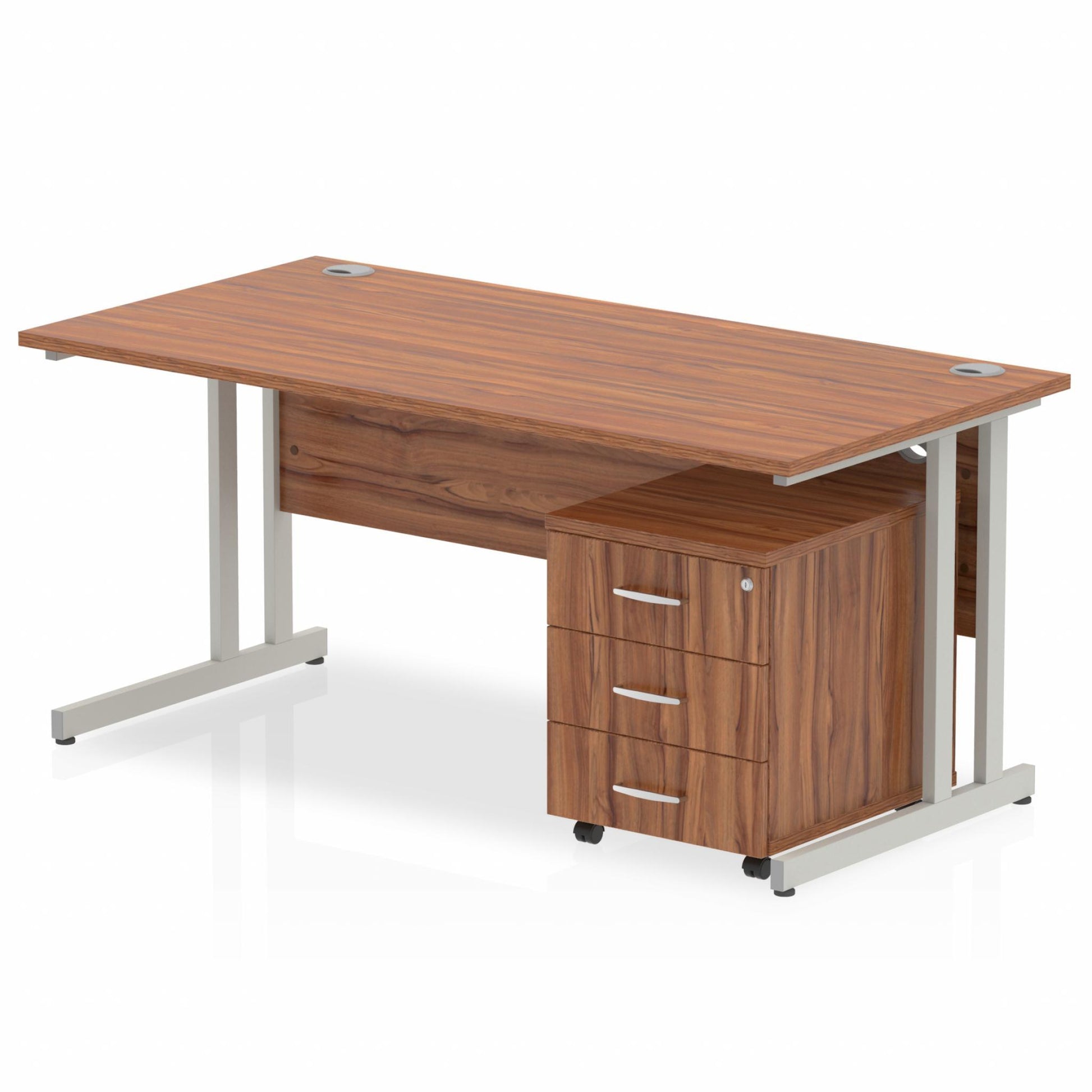 Walnut straight desk with drawers on a white background