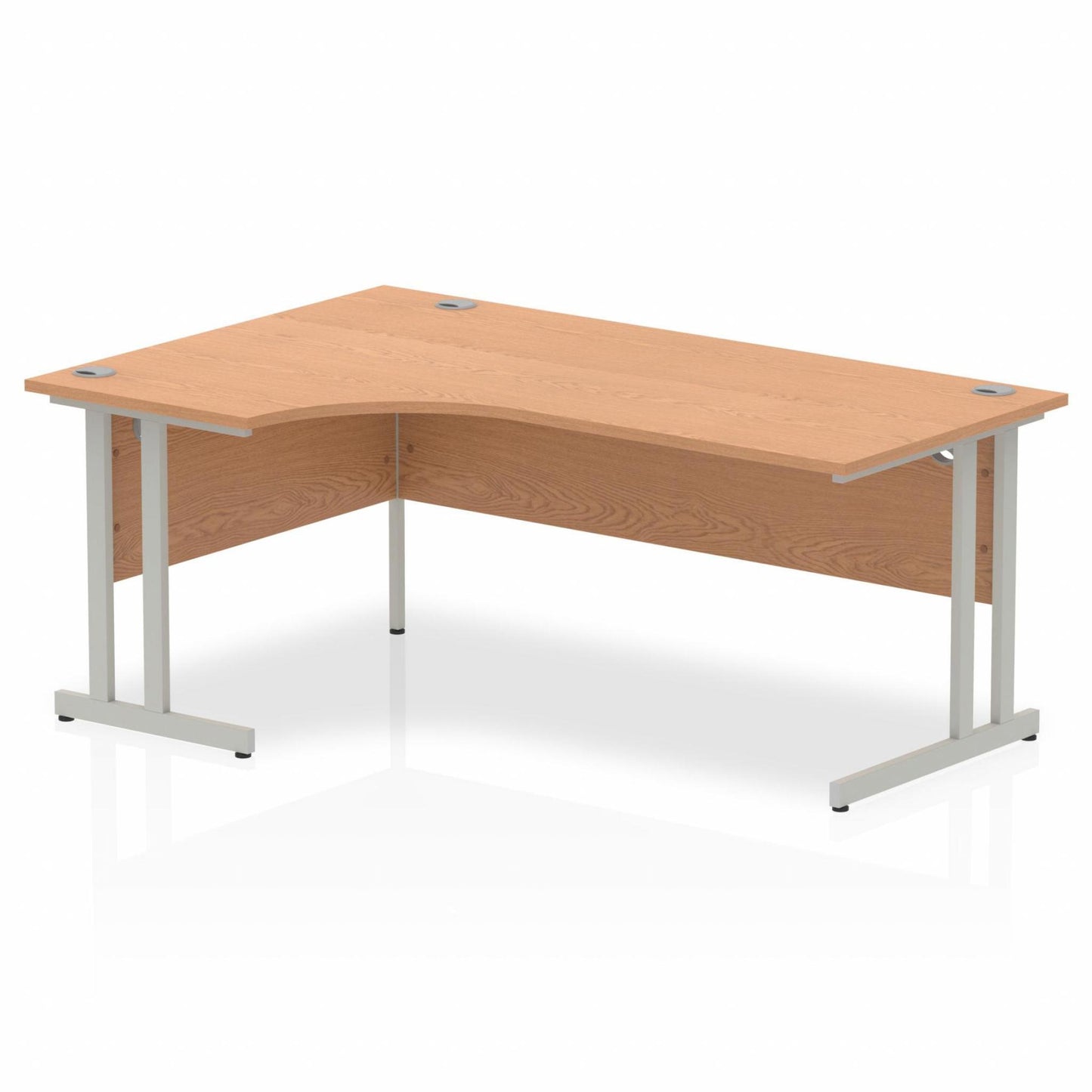 Oak L-shaped desk with drawers on a white background