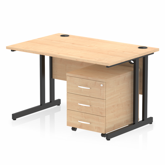 Impulse 1200mm Straight Desk Maple Top Black Cantilever Legs & 3 Drawer Pedestal