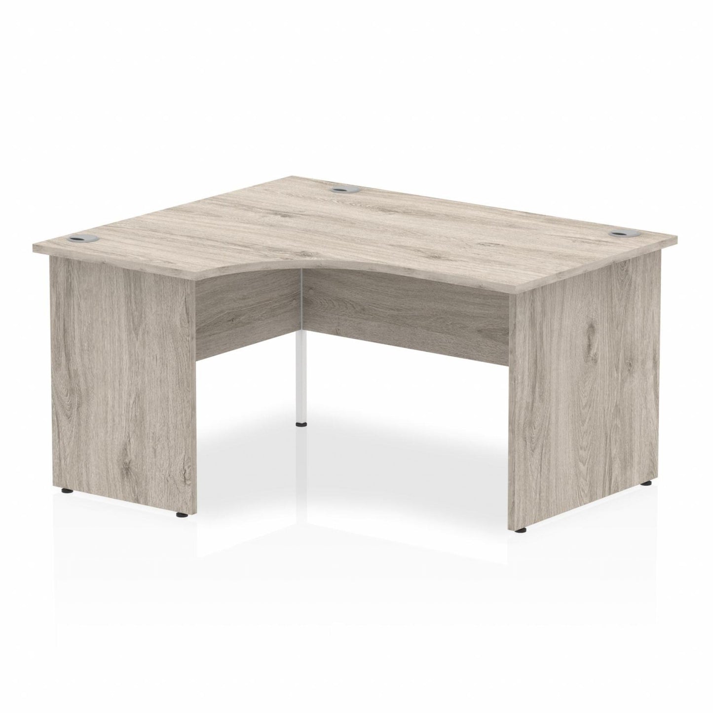 Impulse 1600mm Left Hand Curved Desk with Wooden Panel End Legs Grey Oak Ref I003867 OE