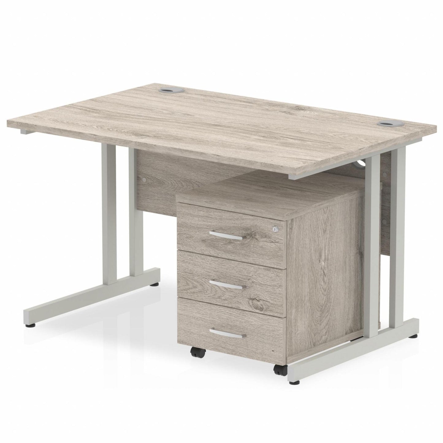 1200mm Straight Desk Grey Oak Top Silver Cantilever Legs & 3 Drawer Ped D.F.