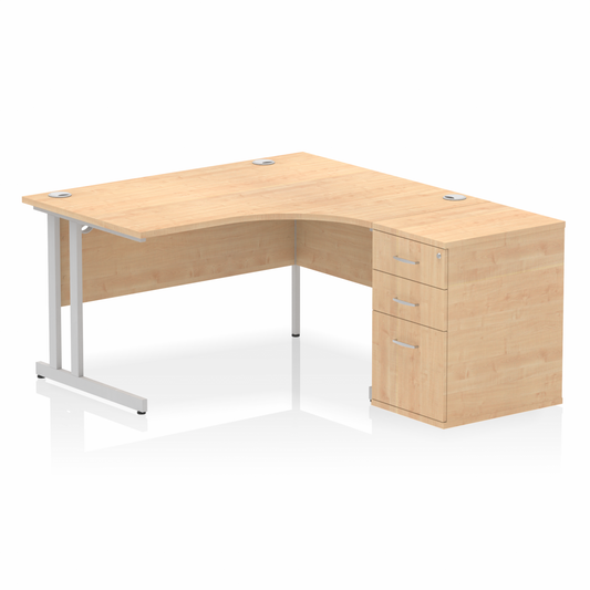 Impulse 1400mm Right Hand Curved Desk Maple Silver Cantilver Legs inc 3 Drawer Desk High Pedestal Ref I004253 OE