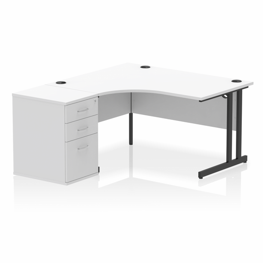 Impulse 1400mm Left Hand Curved Desk White, Black Cantilver Legs inc 3 Drawer Desk High Pedestal Ref I004450 OE