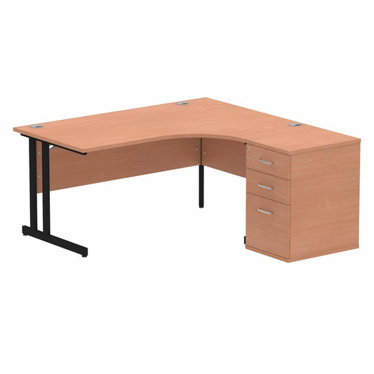 Impulse 1600mm Right Hand Curved Desk Beech, Black Cantilver Legs inc 3 Drawer Desk High Pedestal Ref I004422 OE