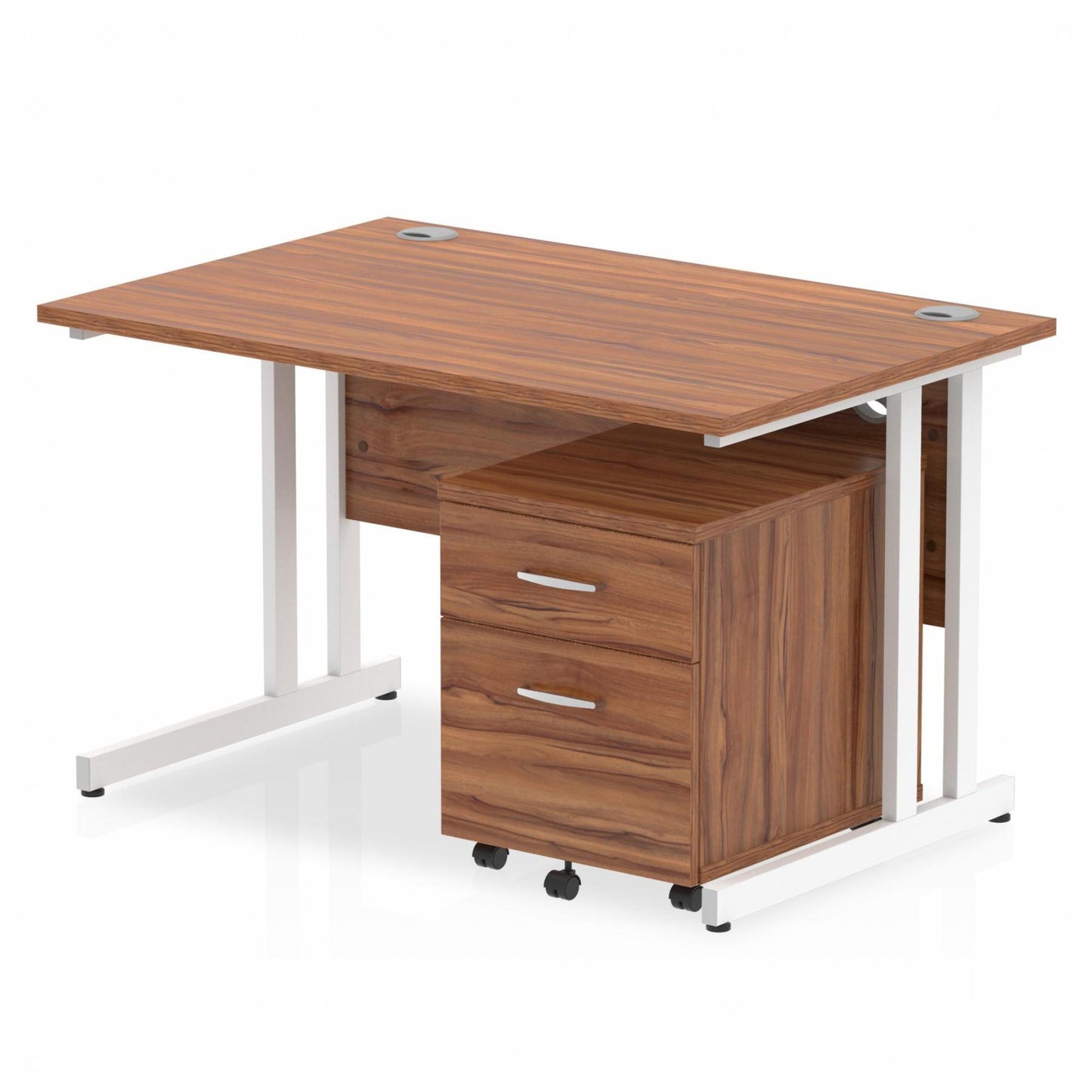Walnut straight desk with drawers on a white background