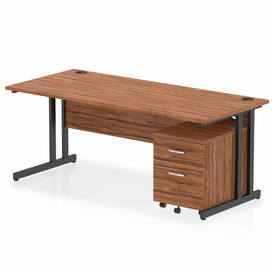 Impulse 1800x800mm Straight Desk, Walnut Top with Black Cantilever Legs inc 2 Drawer Mobile Pedestal
