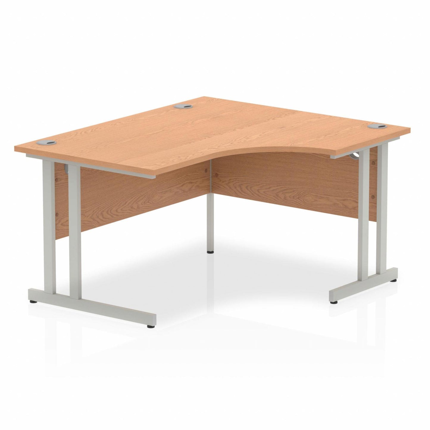 Oak L-shaped desk with drawers on a white background