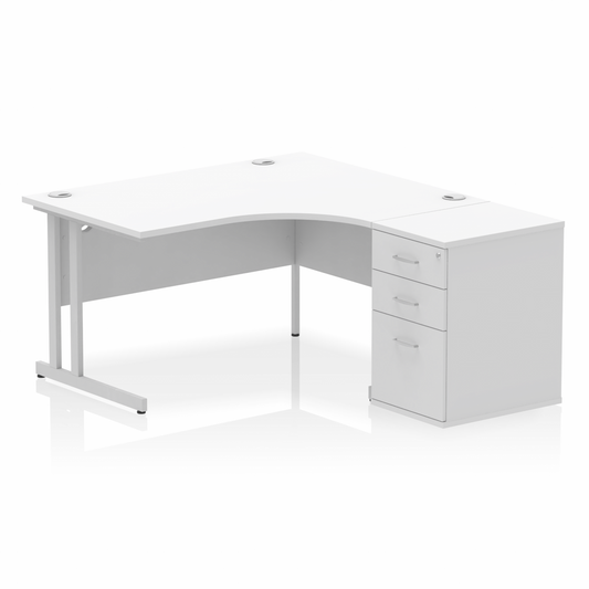 Impulse 1400mm Right Hand Curved Desk White Silver Cantilver Legs inc 3 Drawer Desk High Pedestal Ref I004256 OE