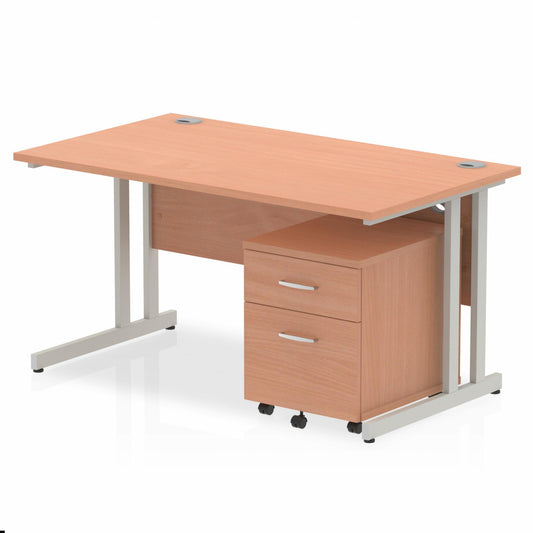 Impulse 1400x800mm Straight Desk, Beech Top with Silver Cantilever Legs inc 2 Drawer Mobile Pedestal