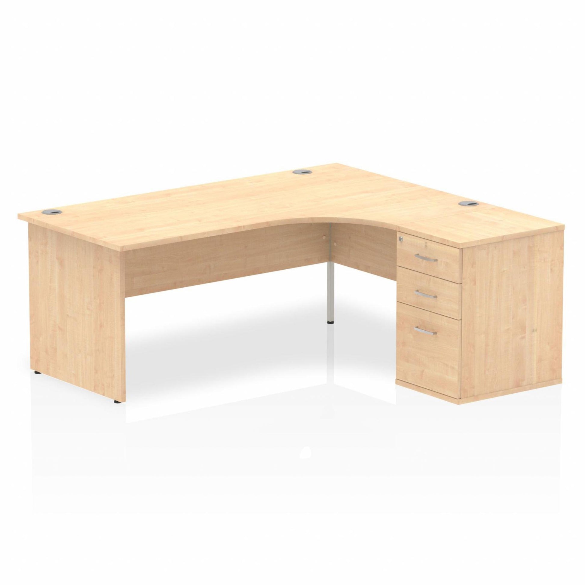 Maple L-shaped desk with drawers on a white background