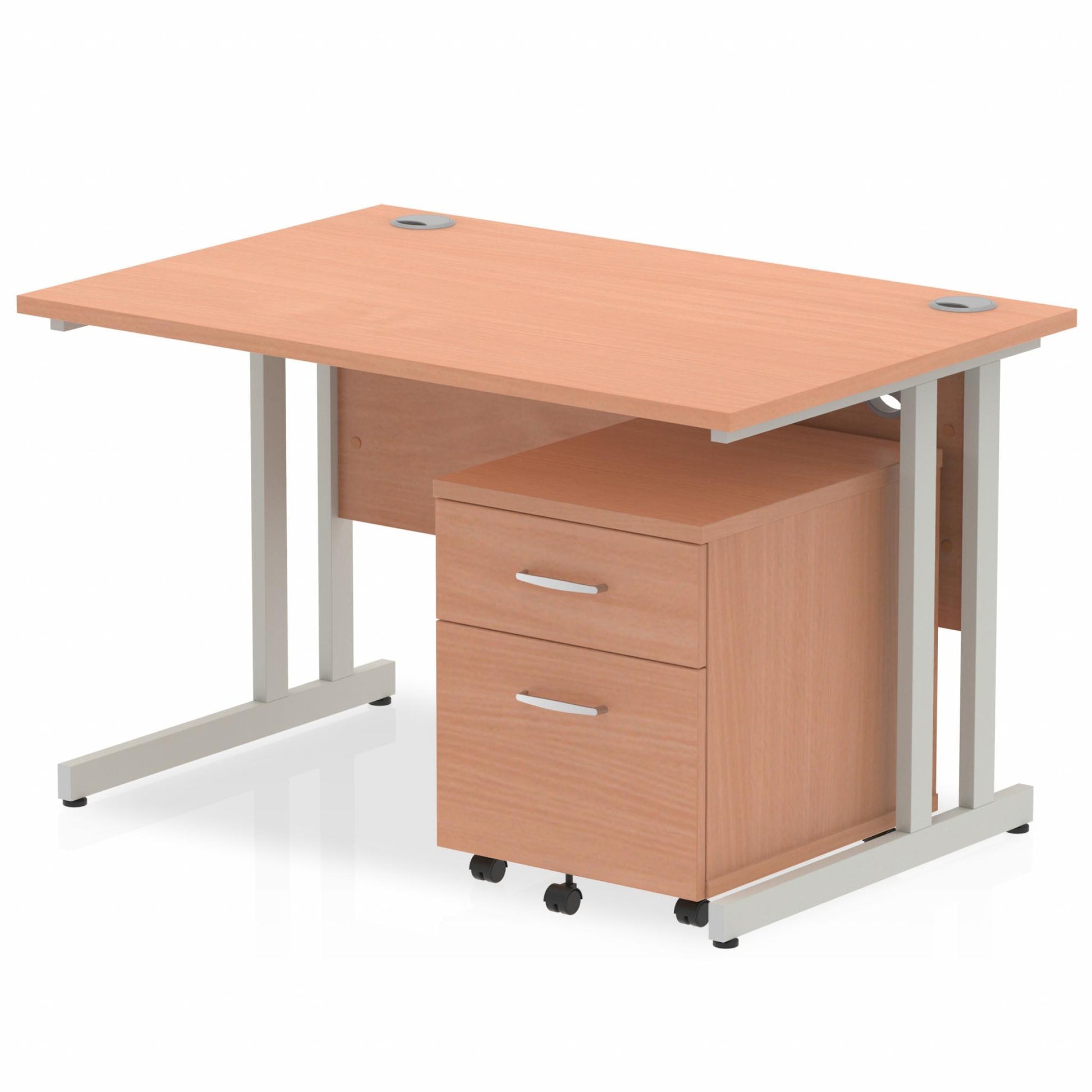 Beech straight desk with drawers on a white background