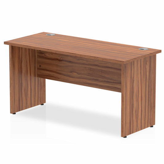 Impulse 1400x600mm Straight Desk, Walnut Top with Wooden Panel Legs