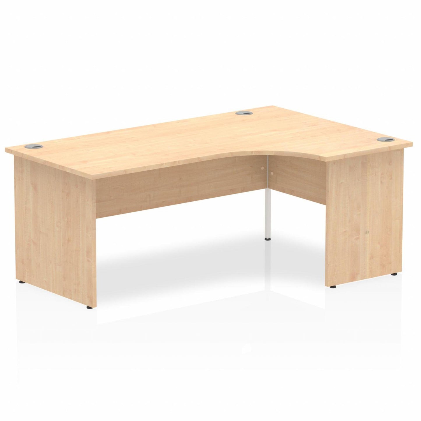 Maple L-shaped desk with drawers on a white background