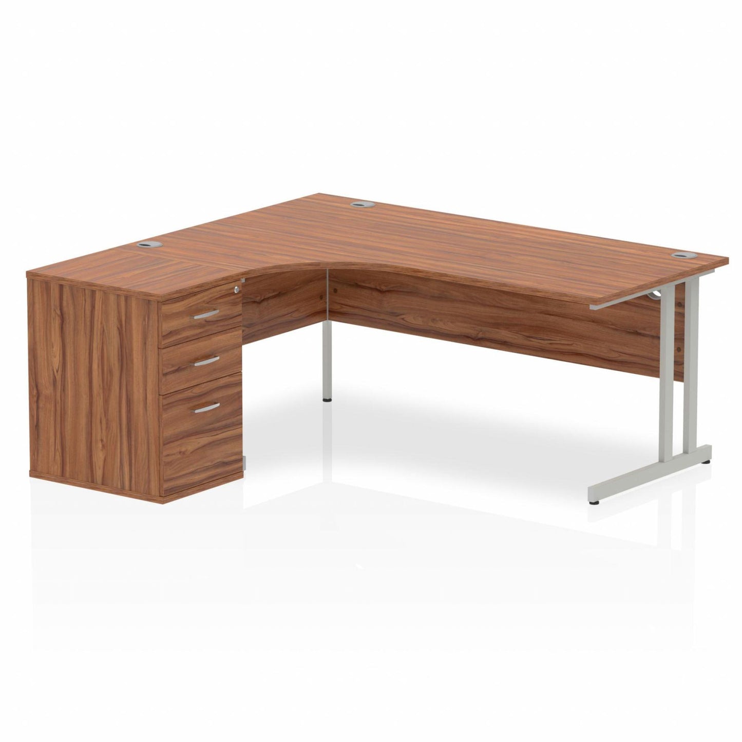 Impulse 1800mm Left Hand Curved Desk, Walnut Top with Silver Cantilver Legs inc 3 Drawer Desk High Pedestal