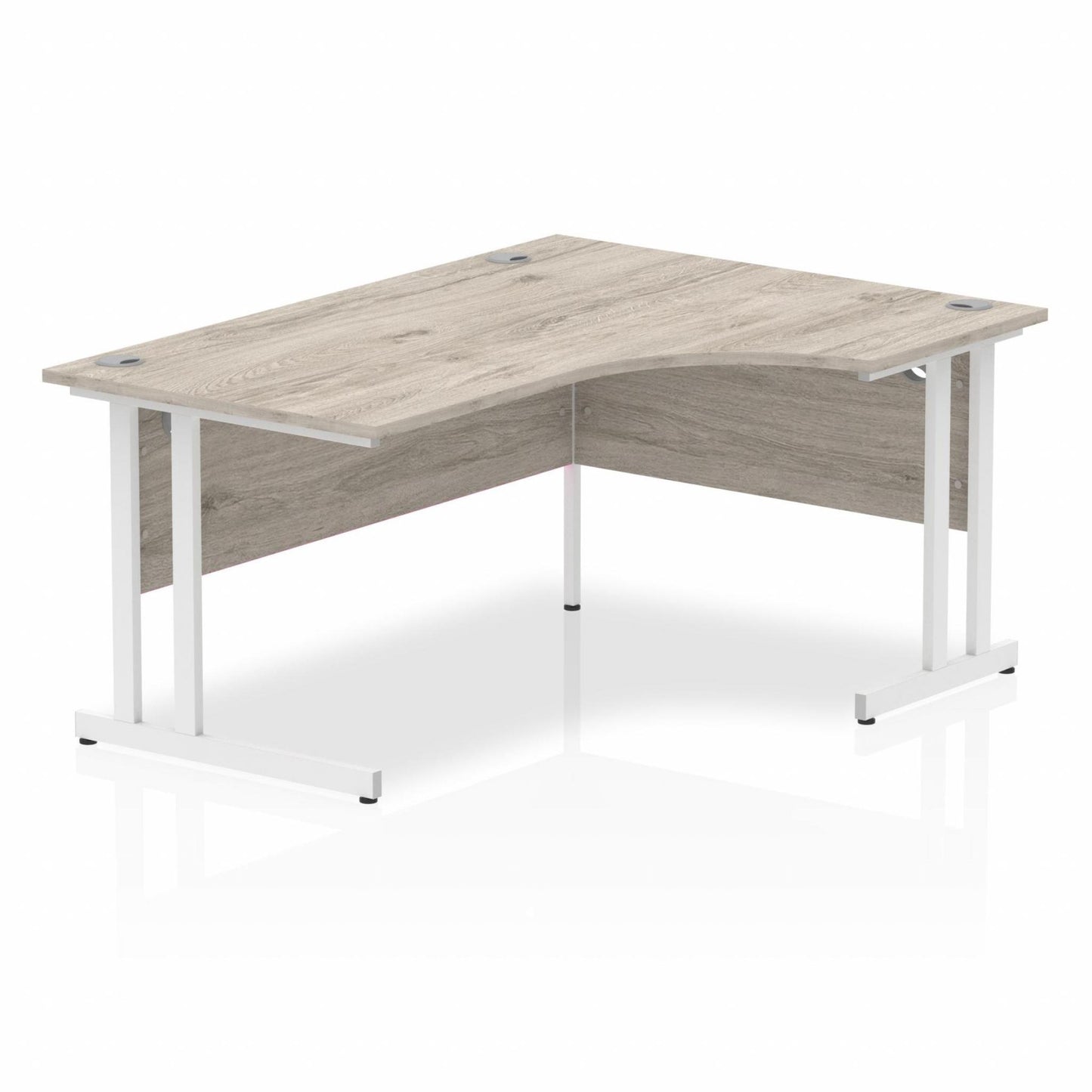 Grey oak L-shaped desk with drawers on a white background