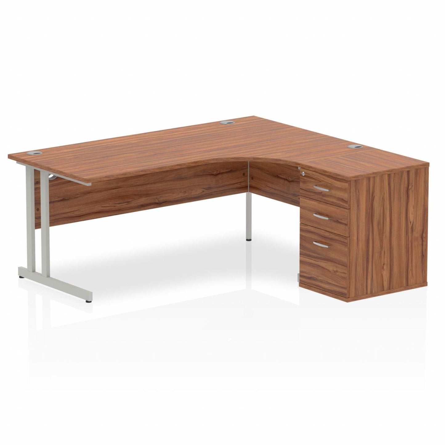 Walnut L-shaped desk with drawers on a white background