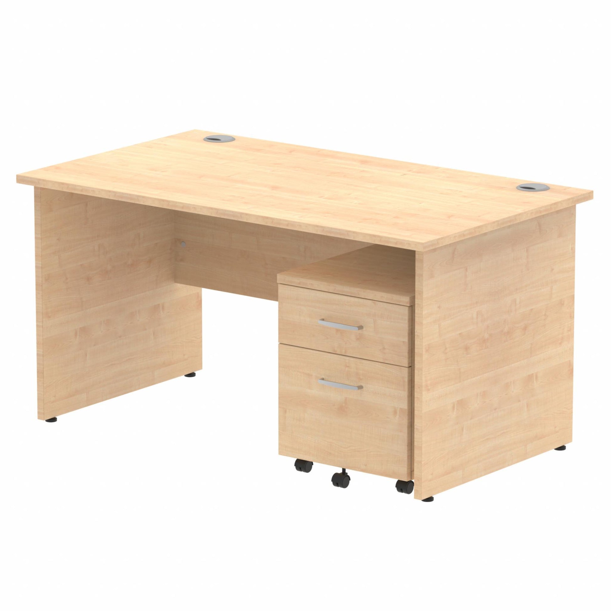 Maple straight desk with drawers on a white background