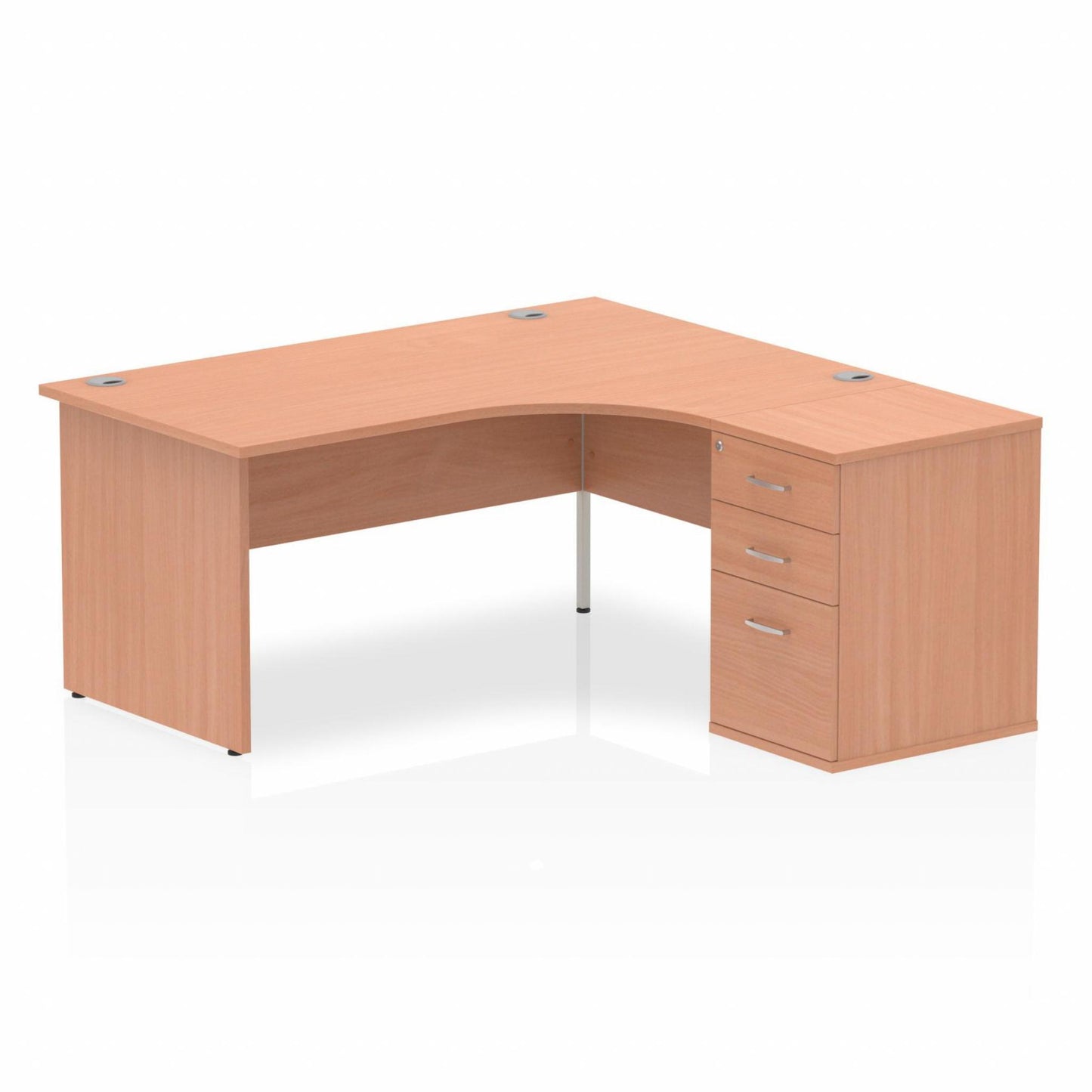 Beech L-shaped desk with drawers on a white background