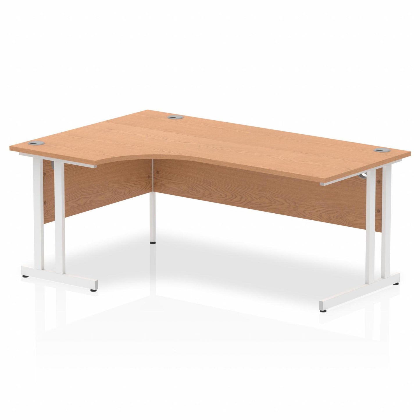 Oak L-shaped desk with drawers on a white background