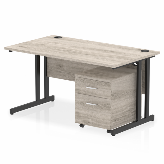 1400mm Straight Desk Grey Oak Top Black Cantilever Legs & 2 Drawer Ped D.F.