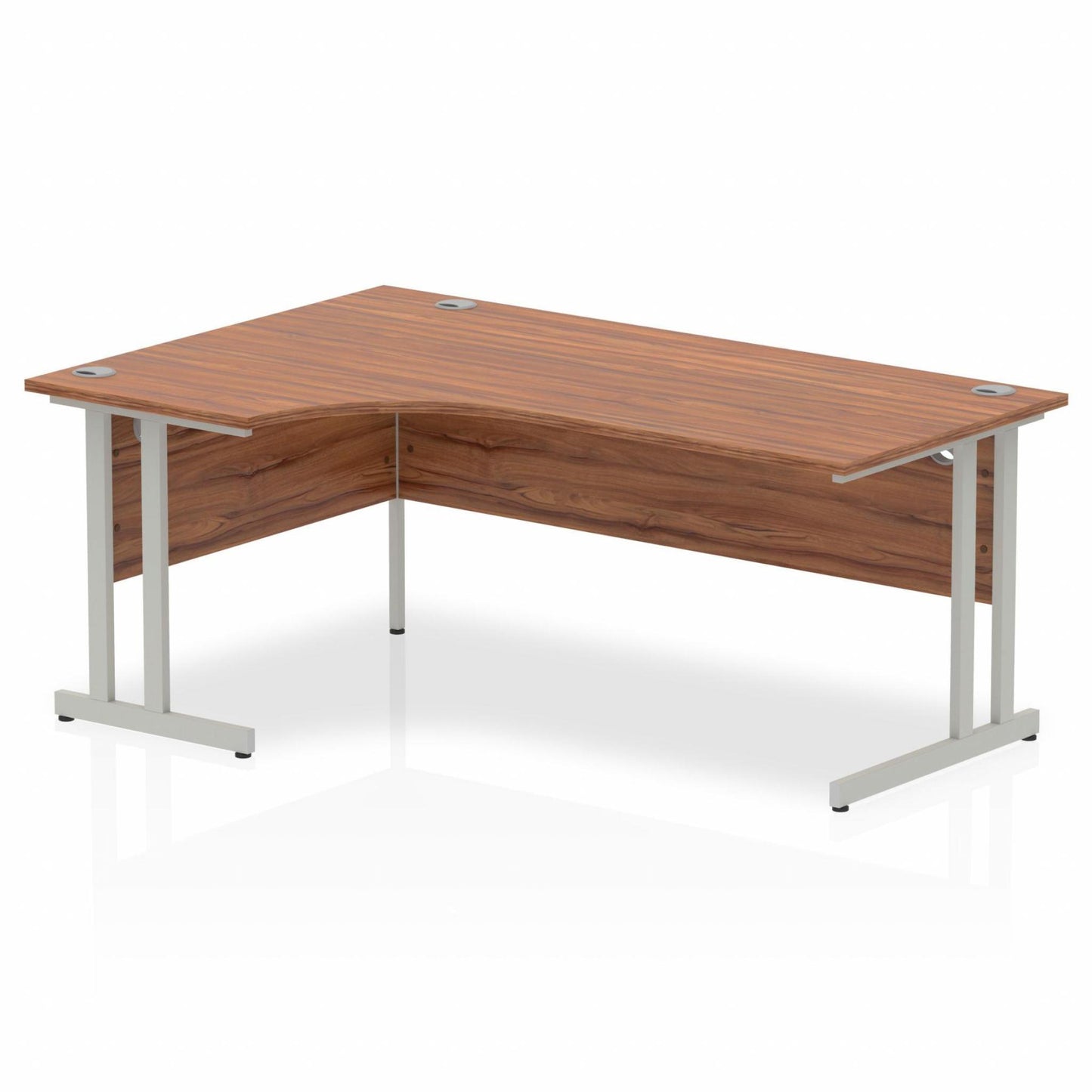 Walnut L-shaped desk with drawers on a white background