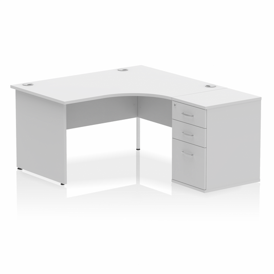 Impulse 1400mm Right Hand Curved Desk White, Wooden Panel Legs inc 3 Drawer Desk High Pedestal Ref I000594 OE