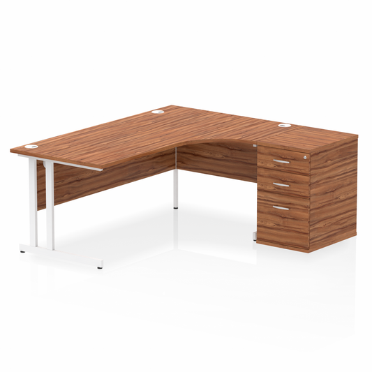 Impulse 1800mm Right Hand Curved Desk Walnut White Cantilver Legs inc 3 Drawer Desk High Pedestal Ref I004150 OE