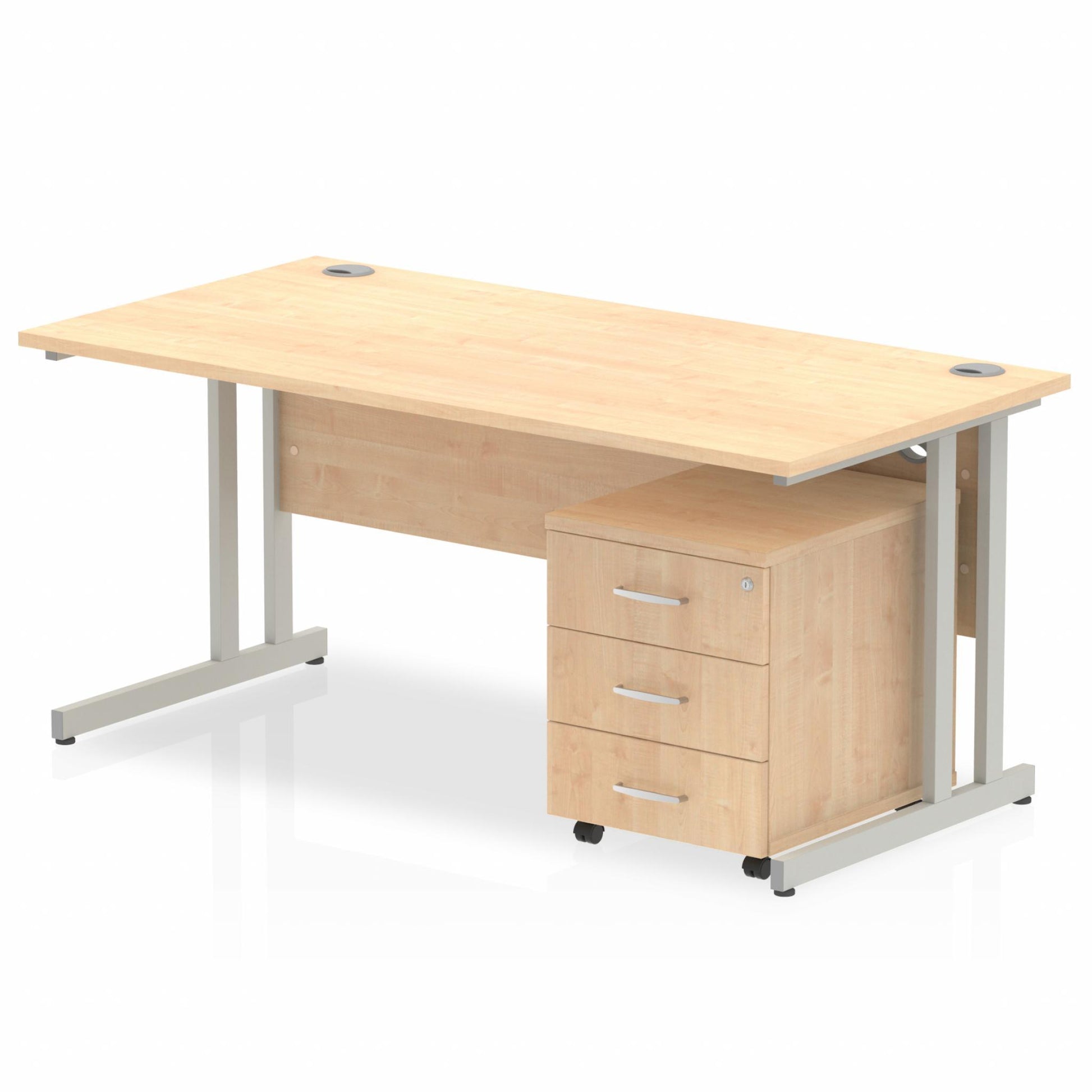 Maple straight desk with drawers on a white background