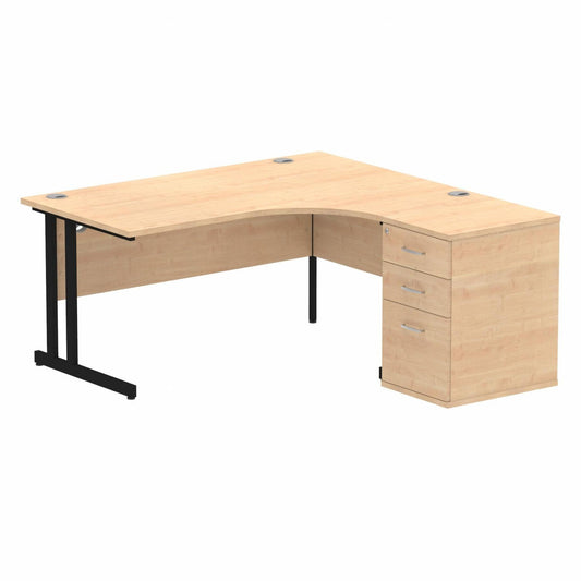 Impulse 1600mm Right Hand Curved Desk Maple, Black Cantilver Legs inc 3 Drawer Desk High Pedestal Ref I004424 OE