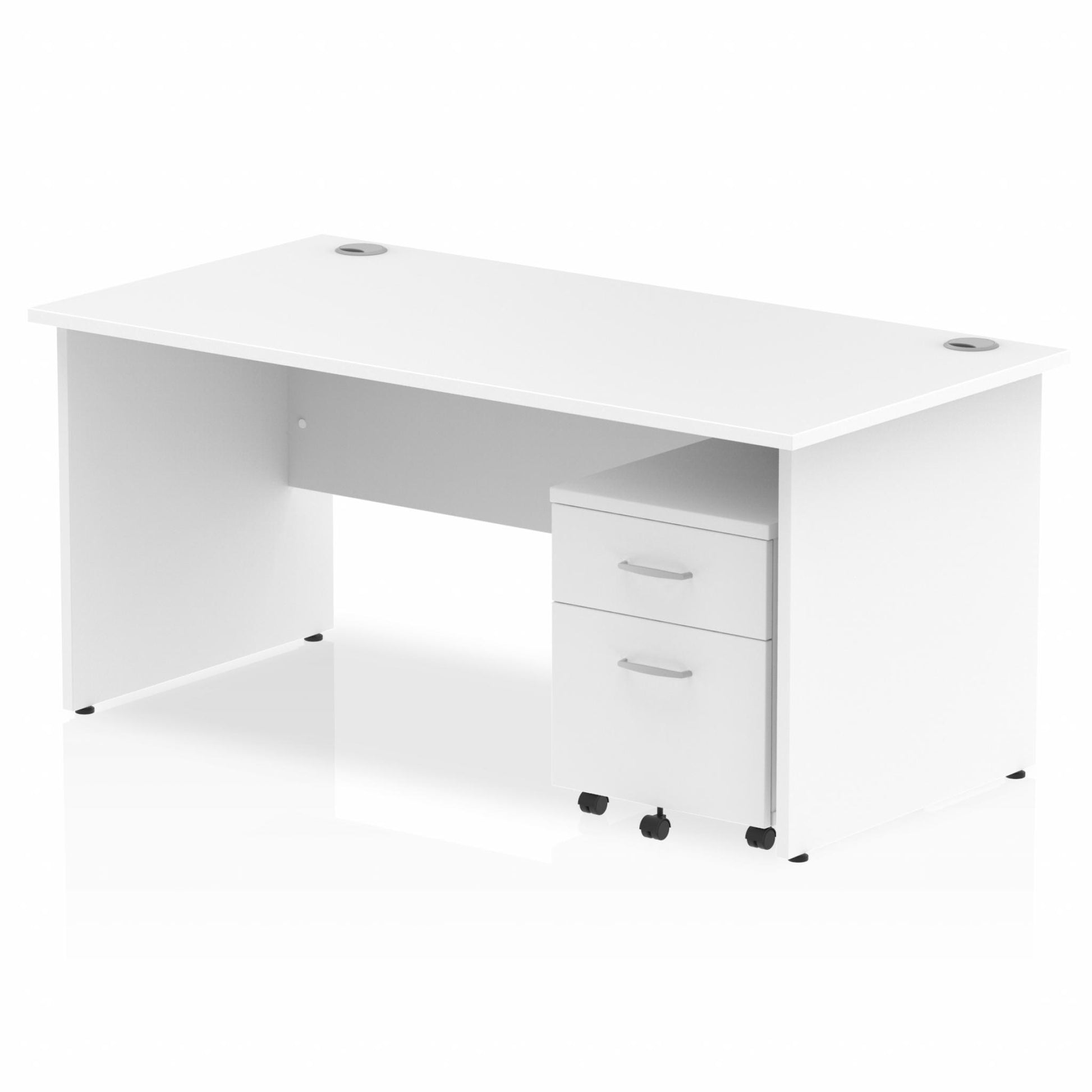 White straight desk with drawers on a white background