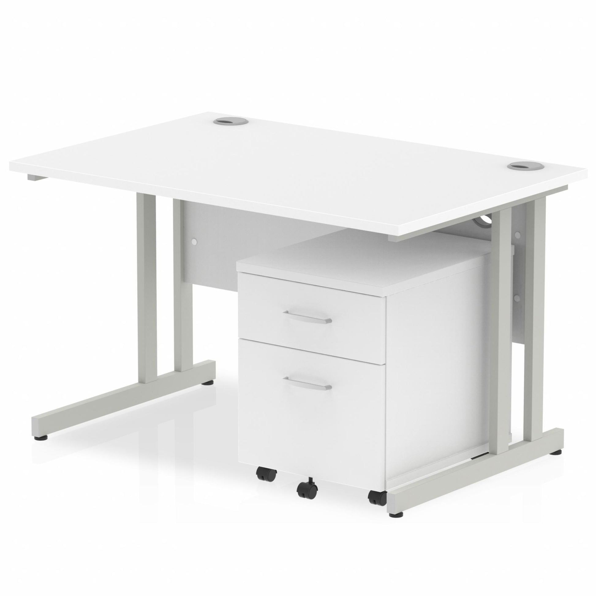 White straight desk with drawers on a white background