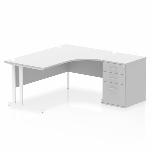 Impulse 1600mm Right Hand Curved Desk White, White Cantilver Legs inc 3 Drawer Desk High Pedestal Ref I004158 OE