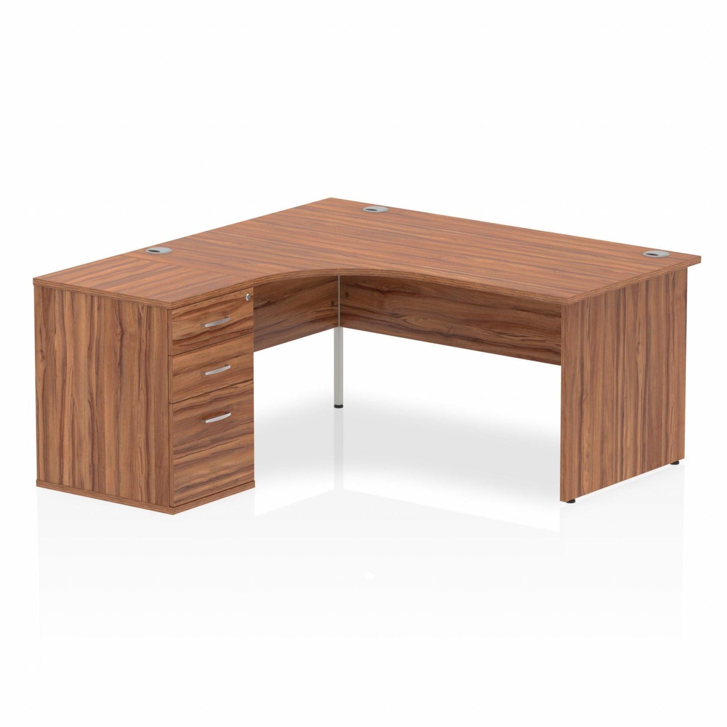 Walnut L-shaped desk with drawers on a white background